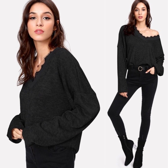 Black Off the Shoulder Lace Trim Sweater - Picture 3 of 11